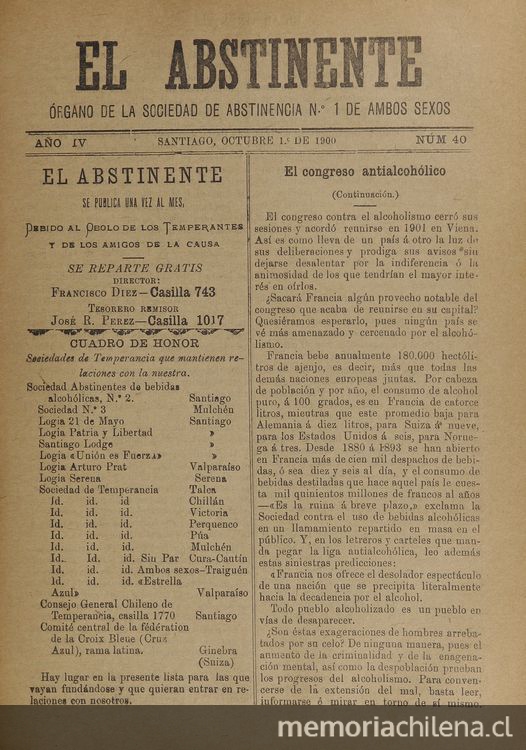 El Abstinente Año IV: nº40, 1 de octubre de 1900