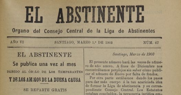 El Abstinente Año VI: nº67, 1 de marzo de 1903