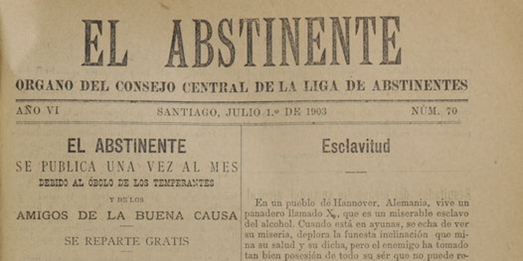 El Abstinente Año VI: nº70, 1 de julio de 1903