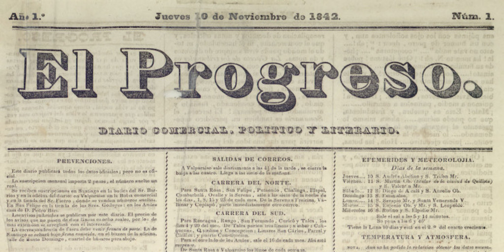El Progreso. Año 1, número 1, 11 de noviembre de 1842