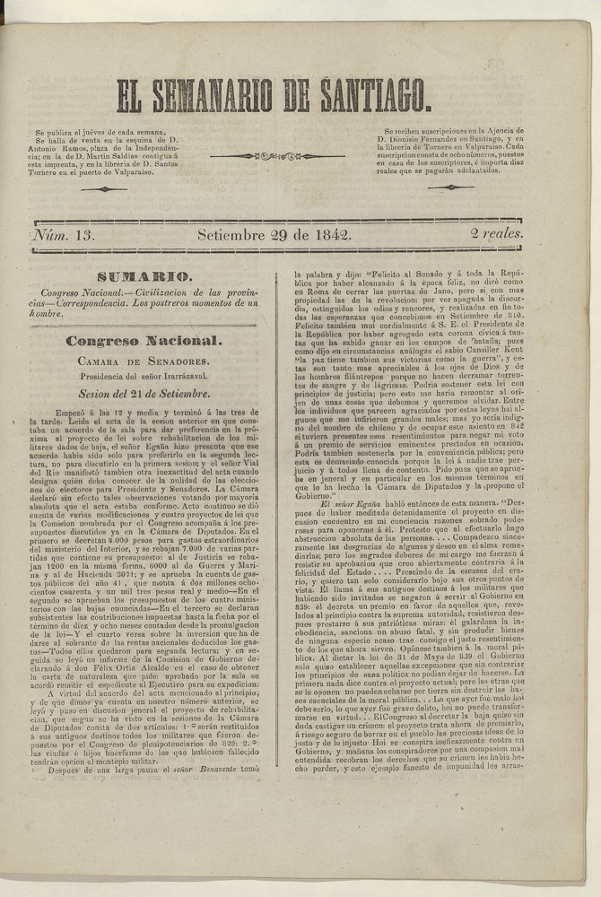 El Semanario de Santiago: número 13, 29 de septiembre de 1842