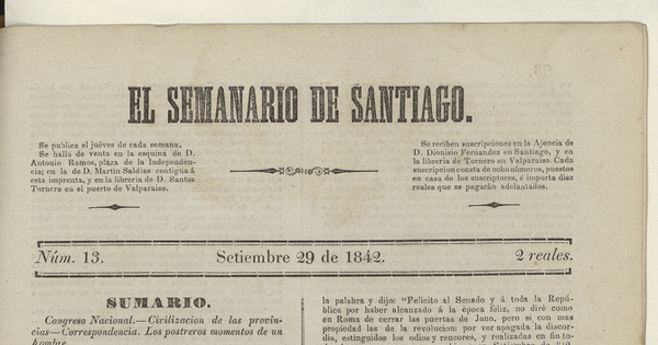 El Semanario de Santiago: número 13, 29 de septiembre de 1842