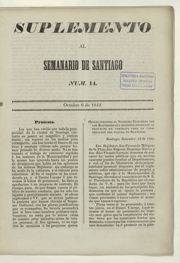 El Semanario de Santiago: suplemento al número 14, 6 de octubre de 1842