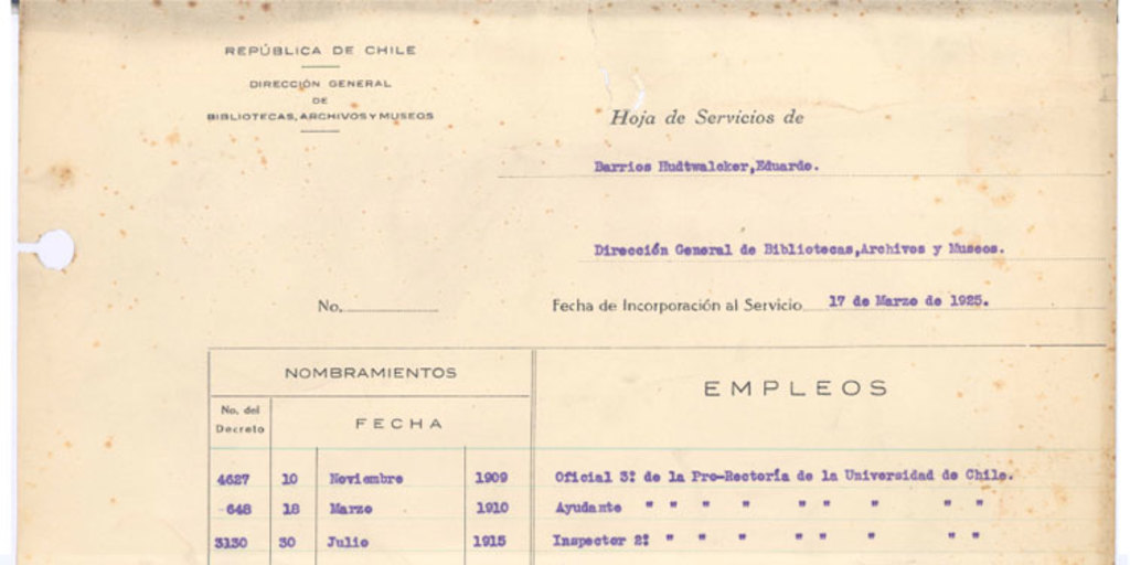 Hoja de servicios de Eduardo Barrios, 1925