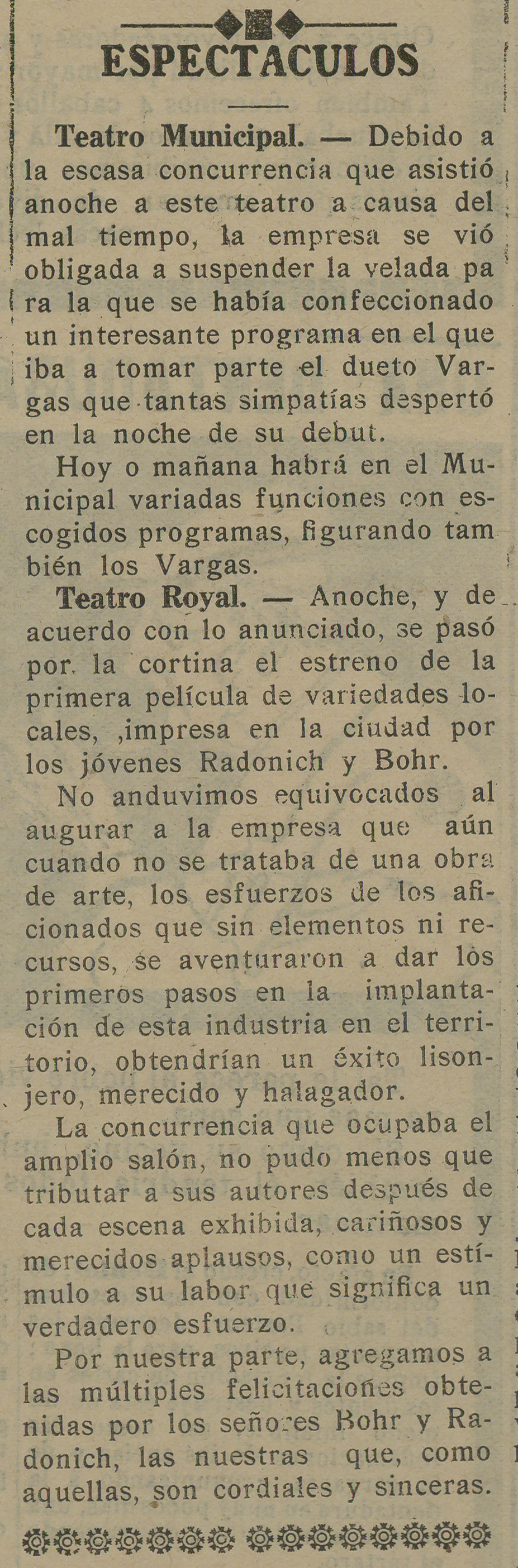 Espectáculos. Diario El Magallanes. Punta Arenas. 29 de marzo de 1919, p.7