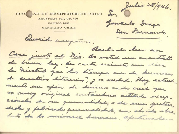[Tarjeta] 1946 jul. 28, Santiago, Chile [a] Gonzalo Drago[manuscrito] /Eduardo Barrios.