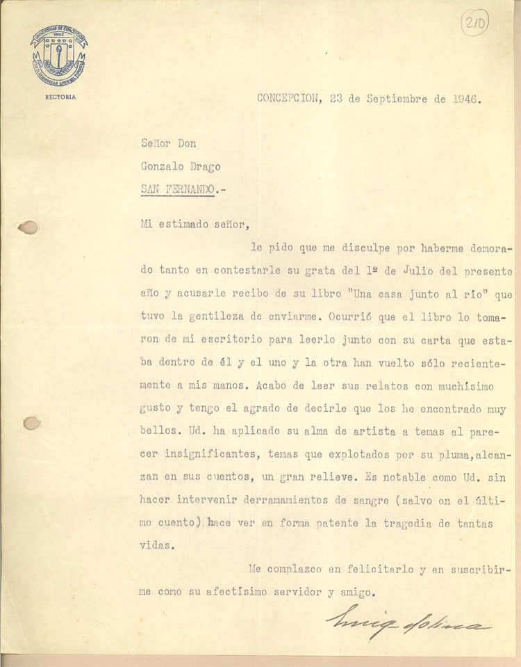 [Carta] 1946 sep. 23, Santiago, Chile [a] Gonzalo Drago[manuscrito] /Enrique Molina.