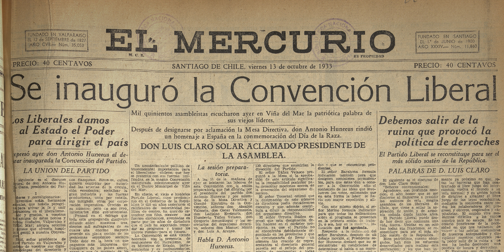 " Se inaguró la Convención Liberal", Diario El Mercurio, Santiago, viernes 13 de octubre de 1933