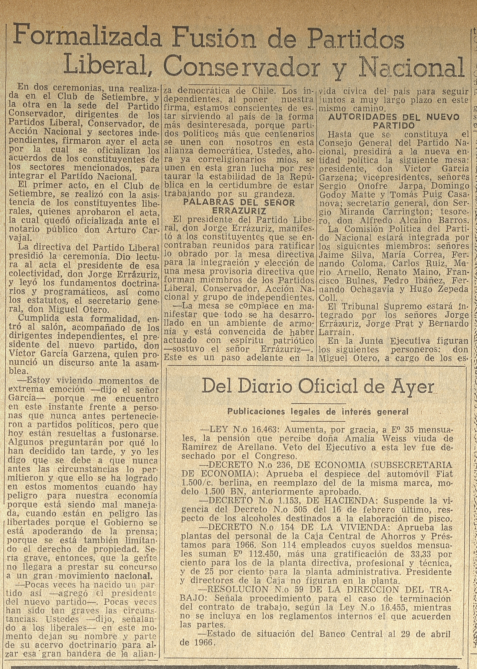 "Formalizada fusión de Partidos Liberal, Conservador y Nacional", El Mercurio, Santiago, miércoles 11 de mayo de 1966.