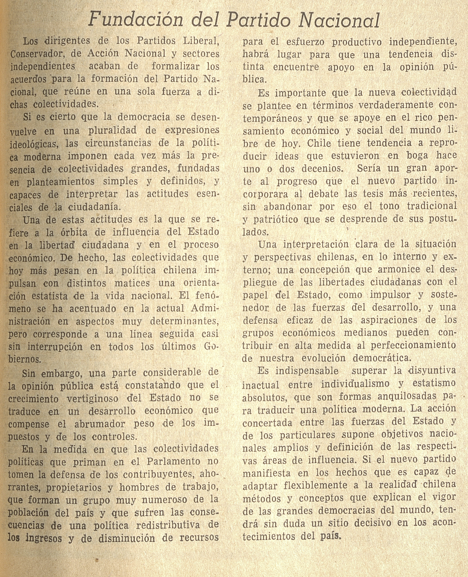 Fundación del Partido Nacional, Diario El Mercurio, Santiago, jueves 12 de mayo de 1966.