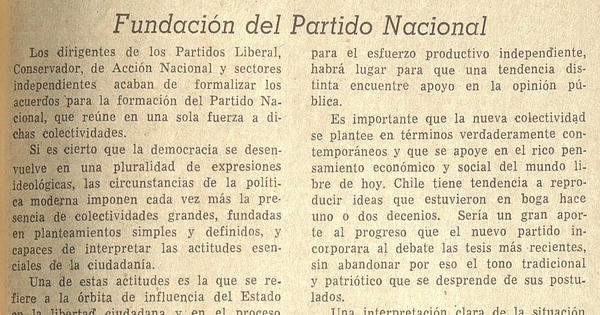 Fundación del Partido Nacional, Diario El Mercurio, Santiago, jueves 12 de mayo de 1966.