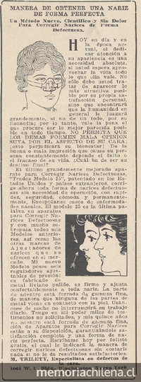 Aviso publicitario: Manera de obtener una nariz de forma perfecta, 1928