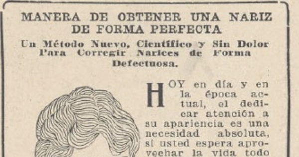 Aviso publicitario: Manera de obtener una nariz de forma perfecta, 1928