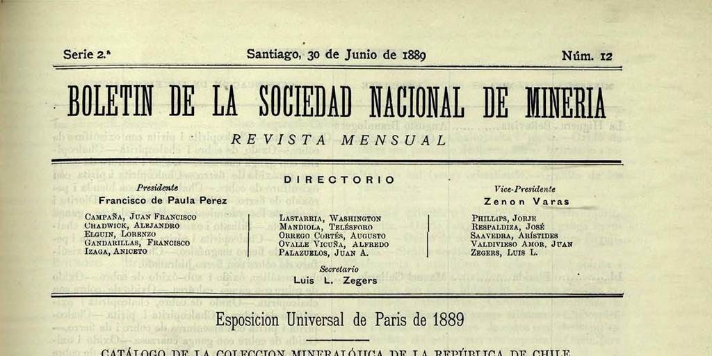 Esposicion Universal de París de 1889, catálogo de la colección mineralójica de la República de Chile