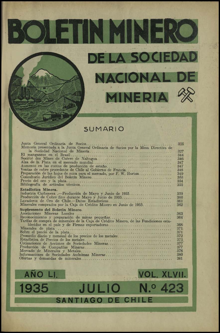 Memoria que presenta a la Junta General Ordinaria de Socios, en 20 de julio de 1935, la mesa directiva de la Sociedad Nacional de Minería