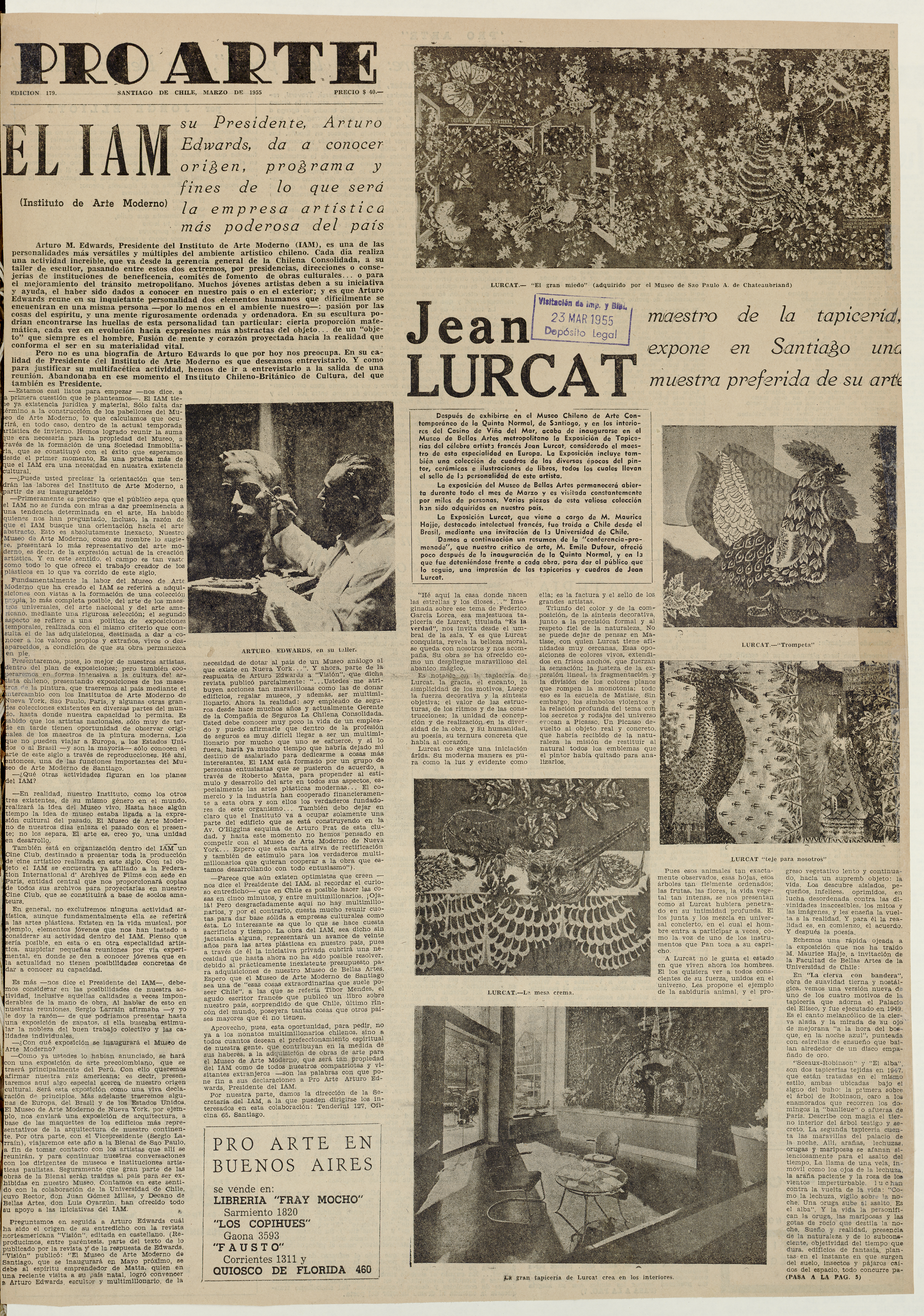 Pro Arte, (179), marzo de  1955 - (180), 1ª quincena de mayo de 1955