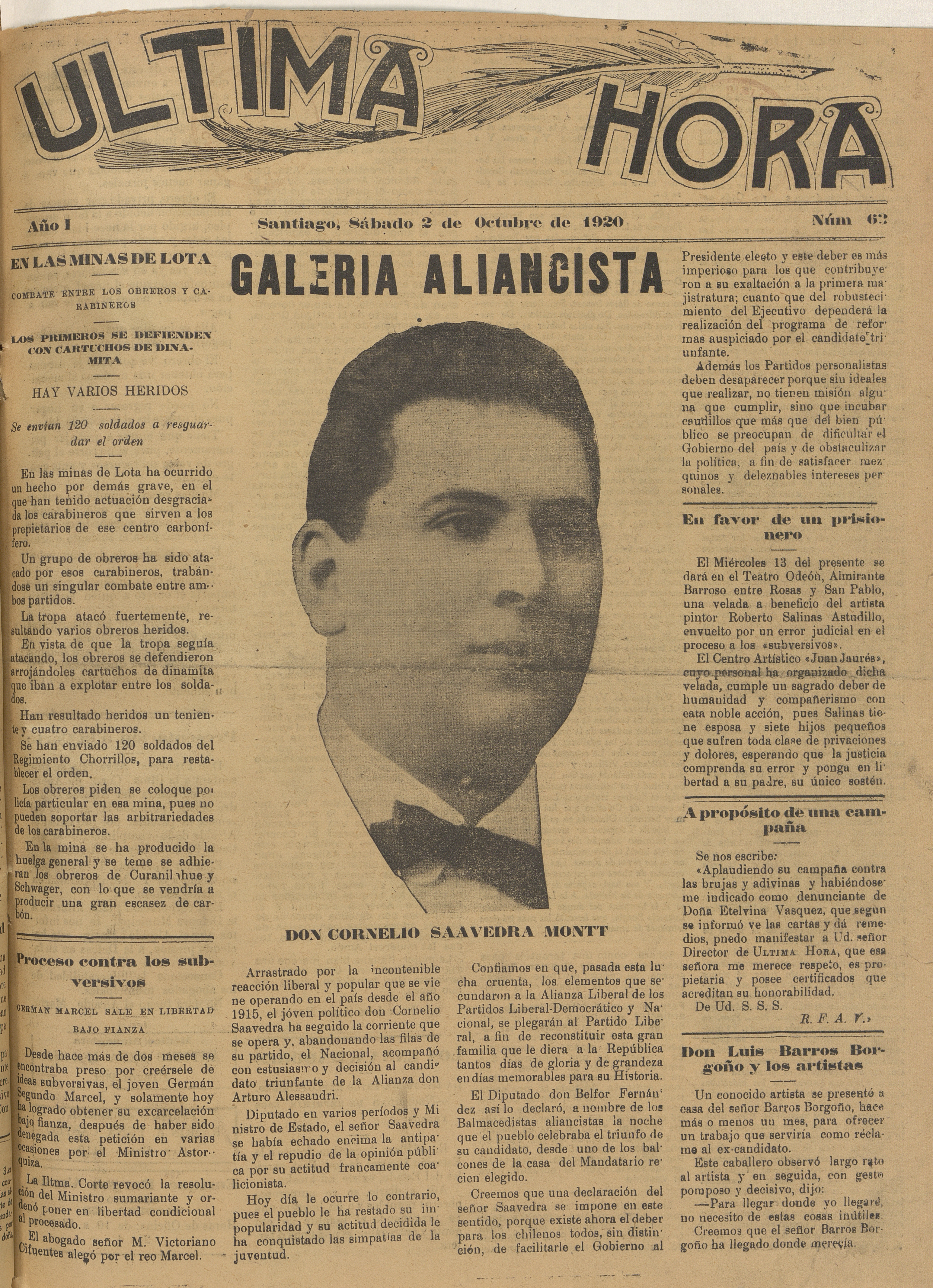 Última hora. Año 1, número 63, Santiago, 2 de octubre de 1920