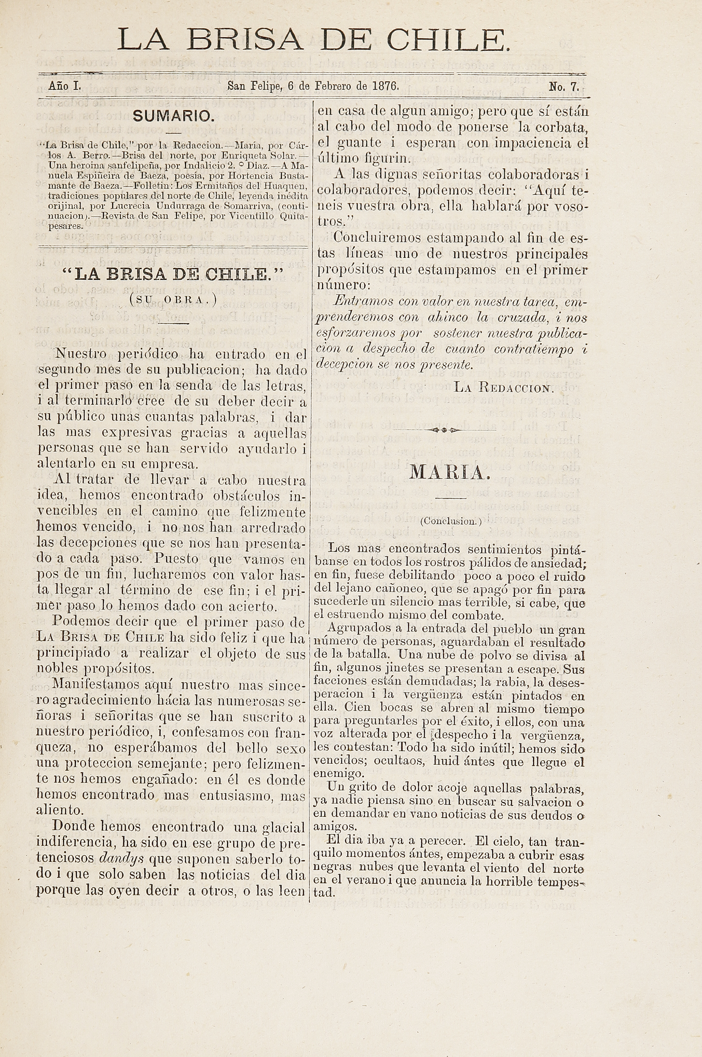 La brisa de Chile. Año 1, número 7, 6 de febrero de 1876