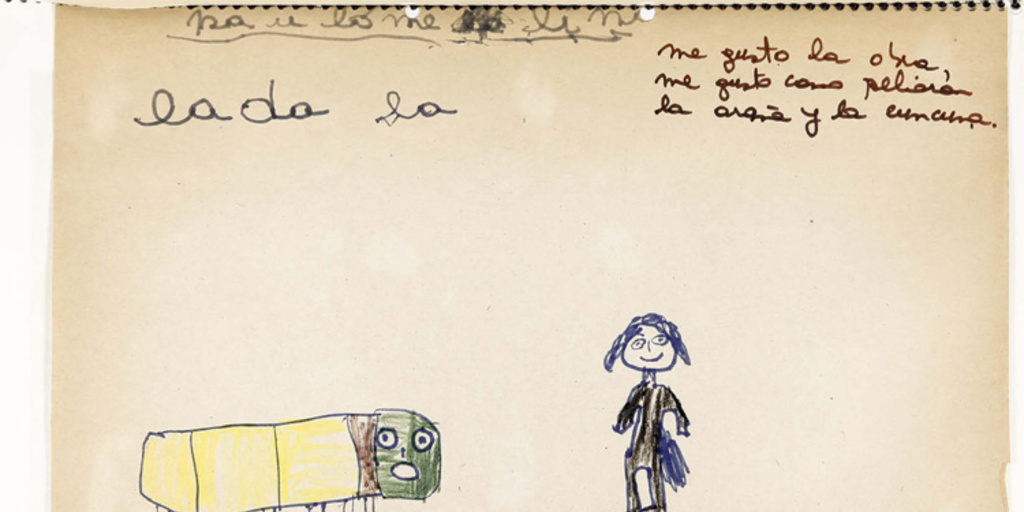 Dibujo de cuncuna de niño que asiste a montaje Cada niño una historia, Compañía Escuela Teatro "Q", 1984
