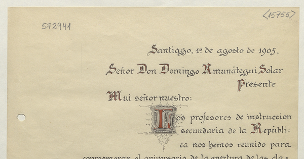 [Tarjeta] 1905 Ago. 1, Santiago [a] Domingo Amunátegui Solar [manuscrito].