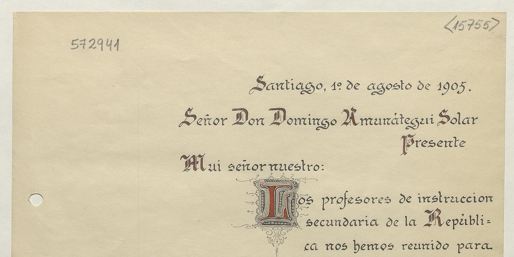 [Tarjeta] 1905 Ago. 1, Santiago [a] Domingo Amunátegui Solar [manuscrito].