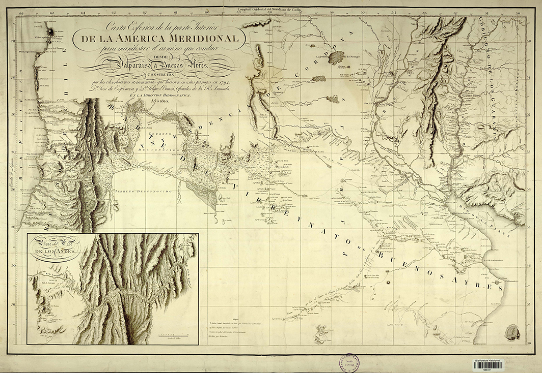 Carta esférica de la parte interior de la América meridional para manifestar el camino que conduce desde Valparaíso a Buenos Aires [material cartográfico]