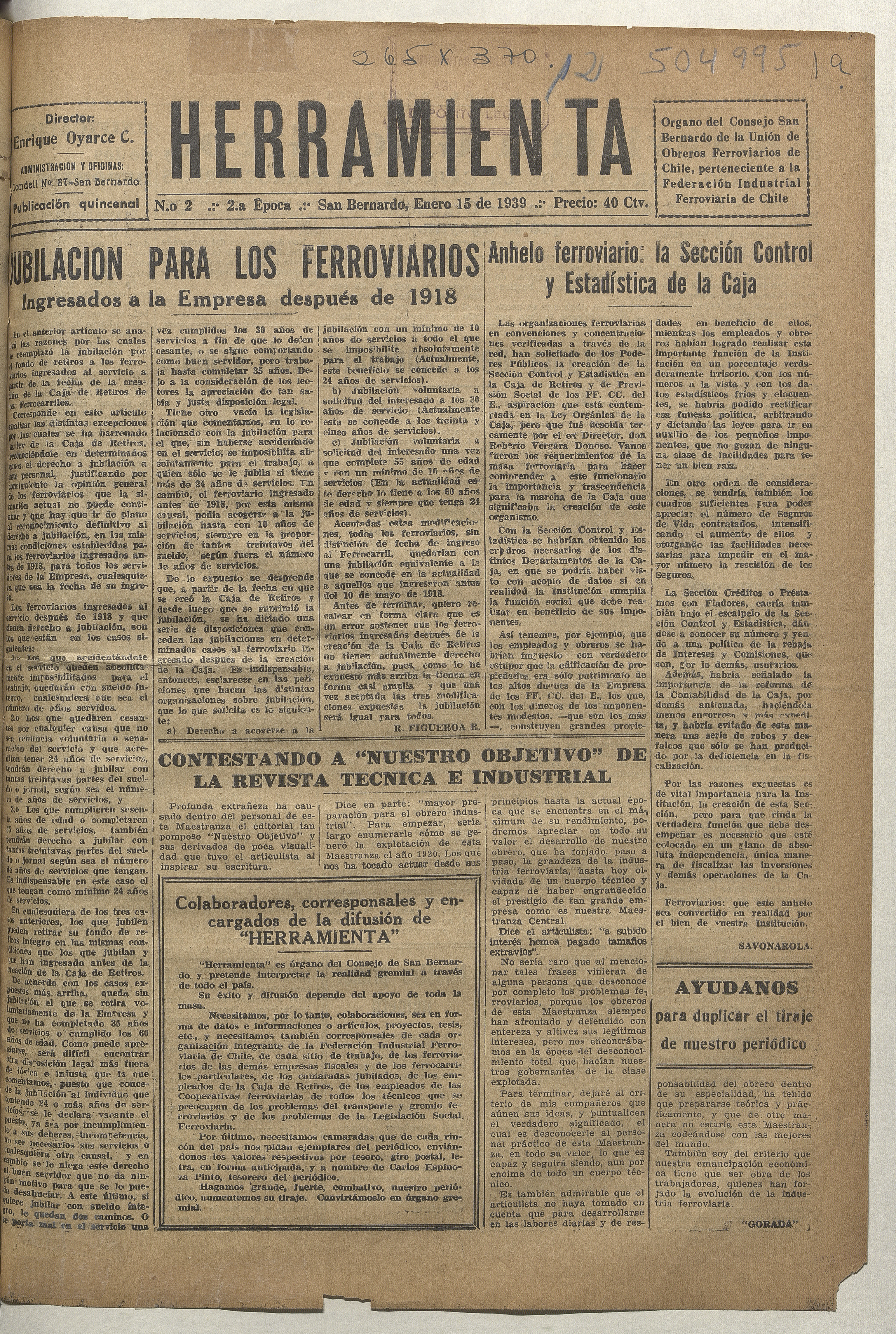 Herramienta, 15 de enero de 1939