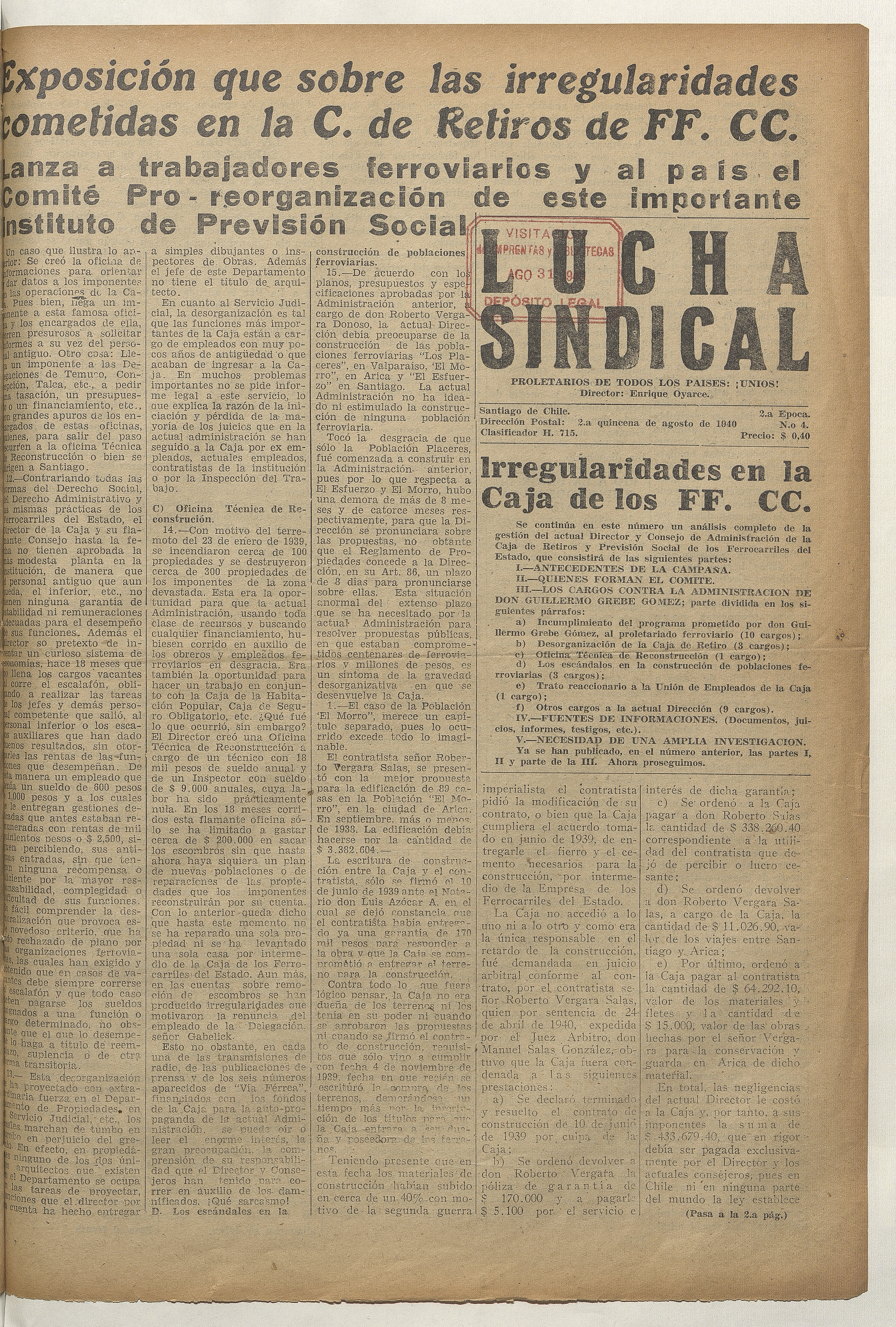 Lucha sindical, segunda quincena de agosto de 1940