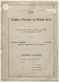 26ª memoria de la Fábrica Victoria de Puente Alto, 1931