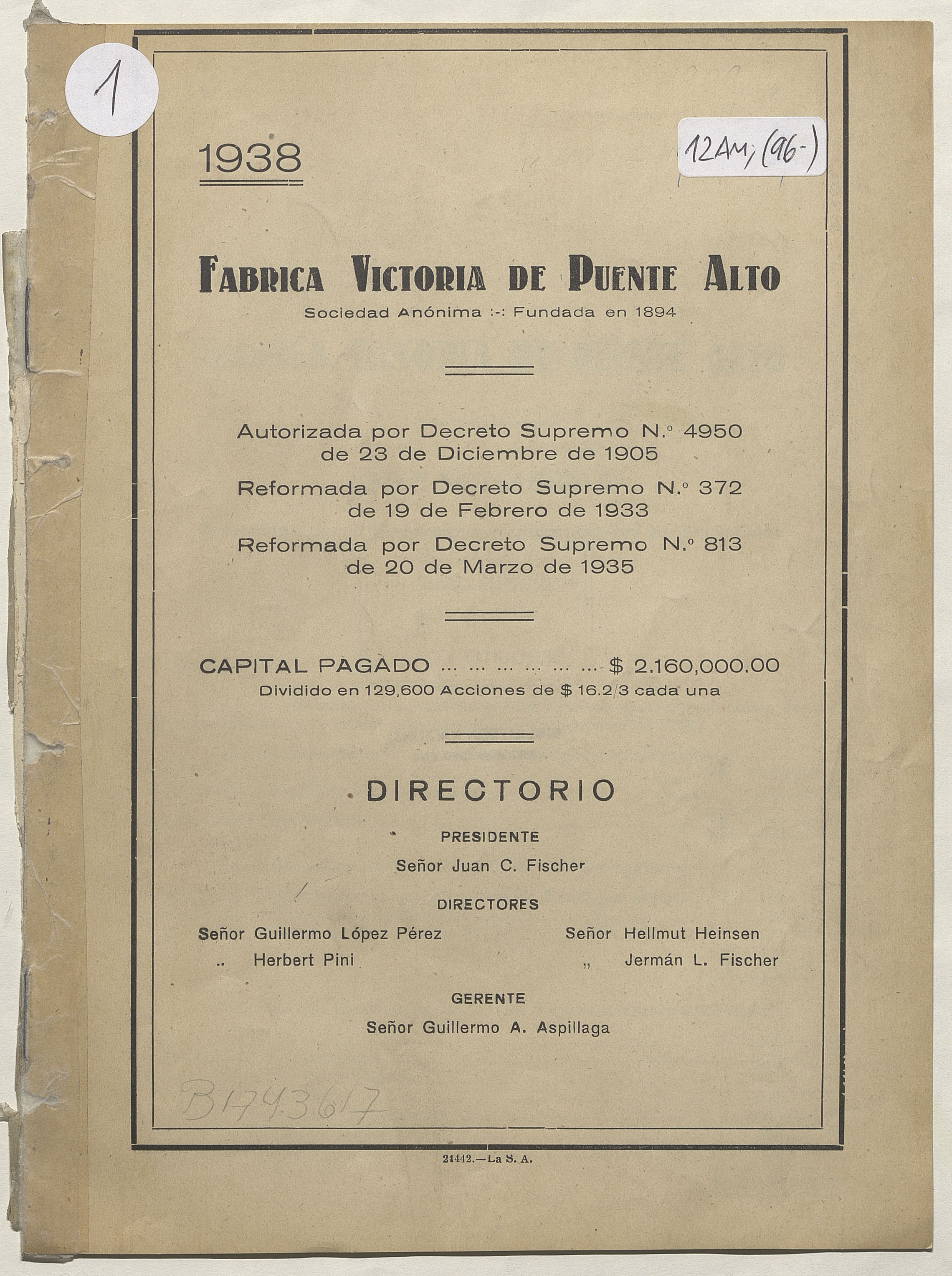 33ª memoria de la Fábrica Victoria de Puente Alto, 1938