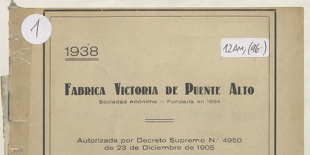 33ª memoria de la Fábrica Victoria de Puente Alto, 1938