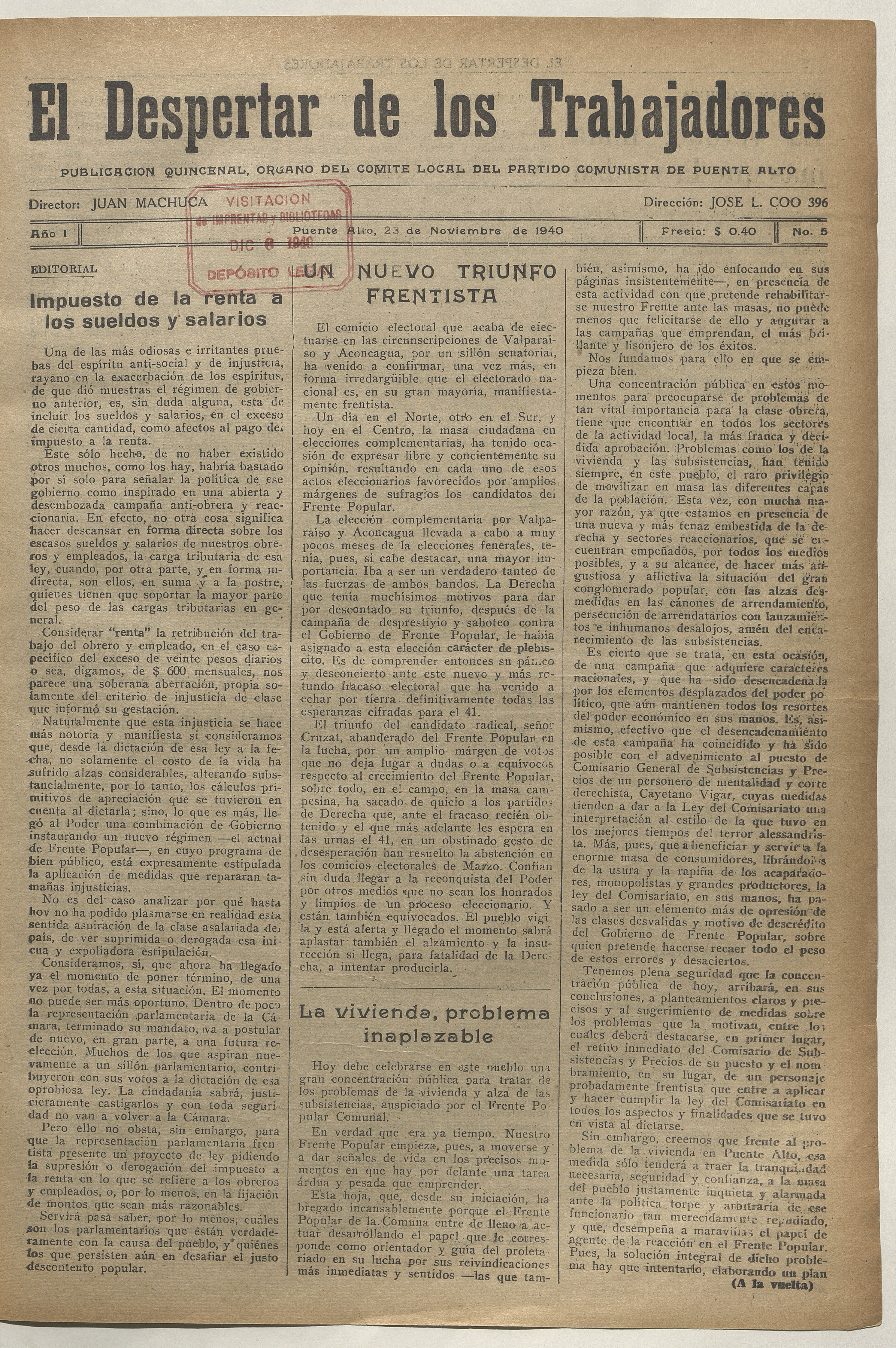 El Despertar de los Trabajadores, n° 5, 23 de noviembre de 1940