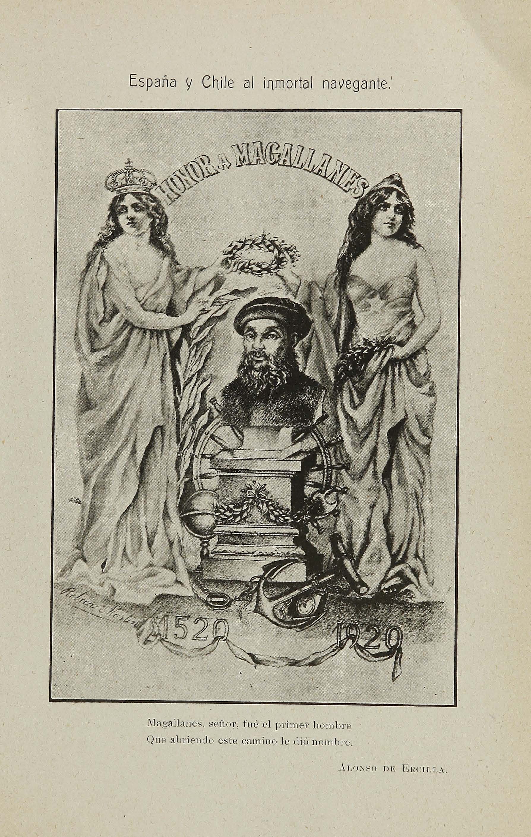 Ilustración en honor a Hernando de Magallanes, con motivo del cuarto centenario del descubrimiento del Estrecho