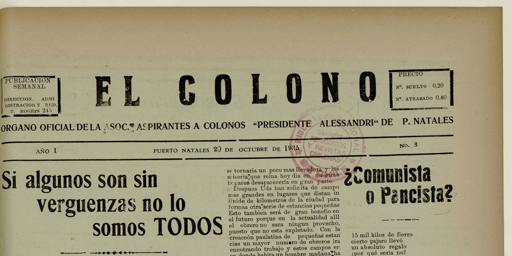 El Colono, número 3, 20 de octubre de 1935