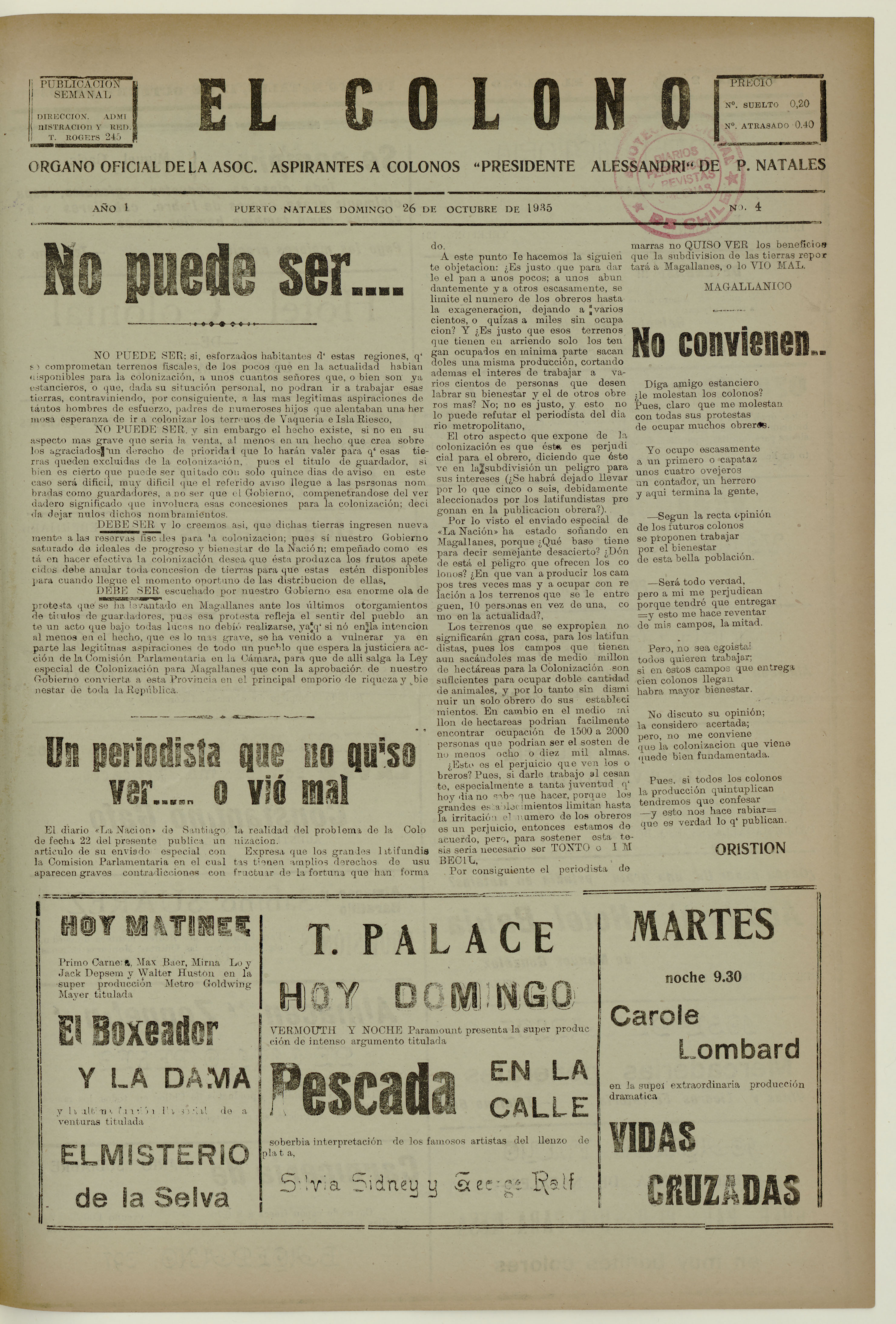 El Colono, número 4, 26 de octubre de 1935