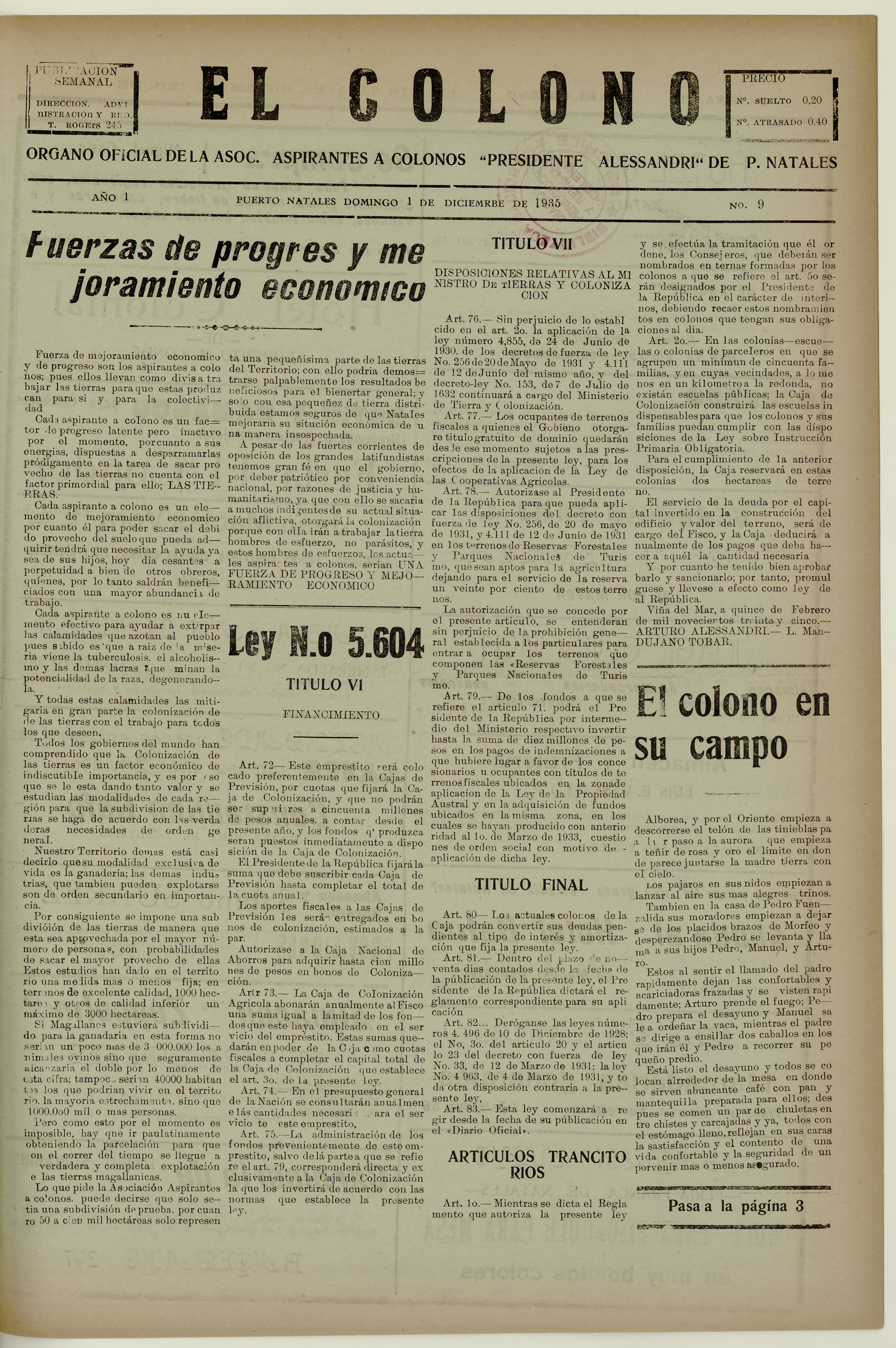 El Colono, número 9, 1 de diciembre de 1935