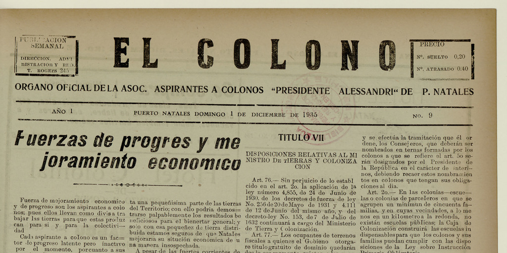 El Colono, número 9, 1 de diciembre de 1935