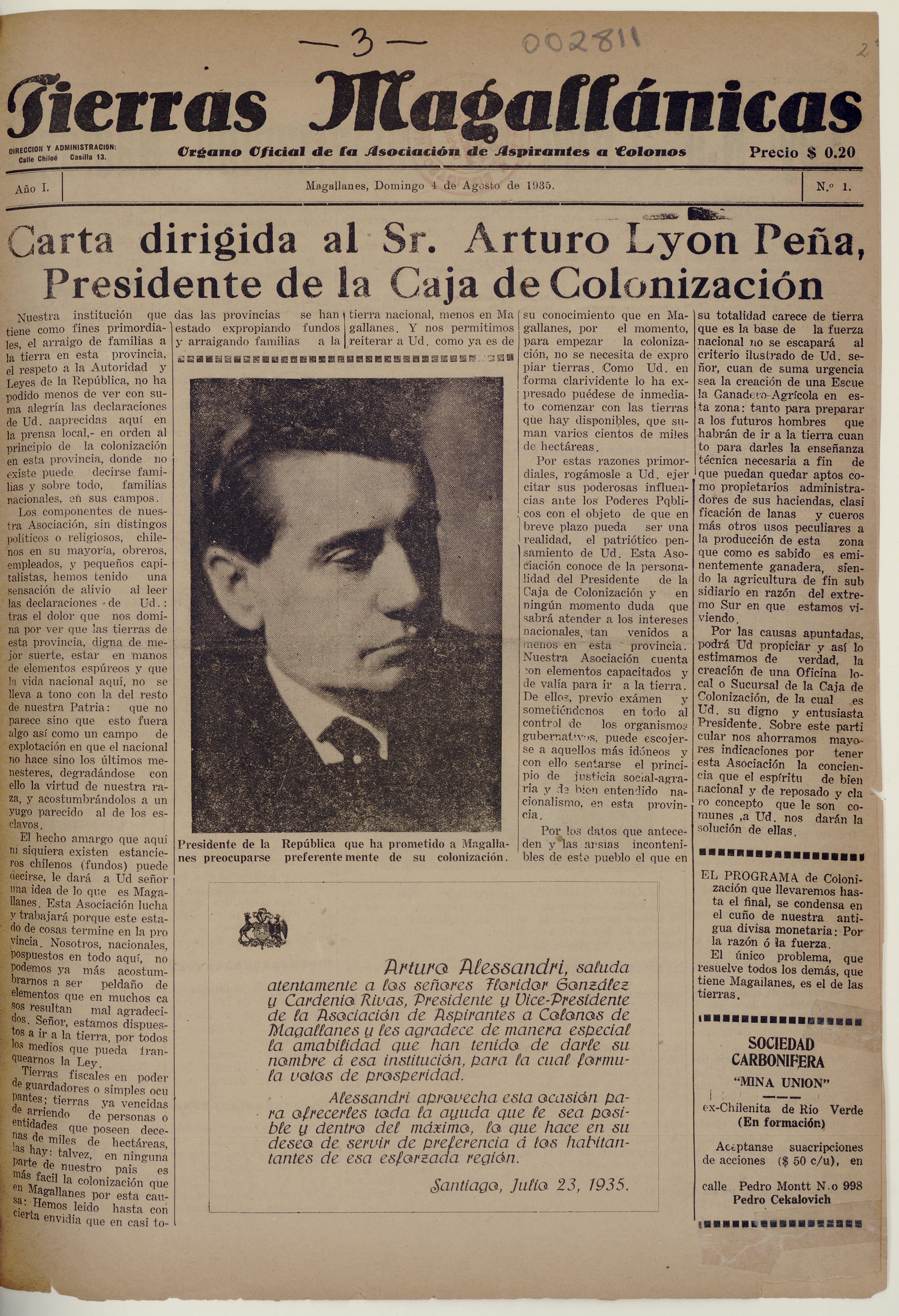 Tierras Magallánicas, número 1, 4 de agosto de 1935