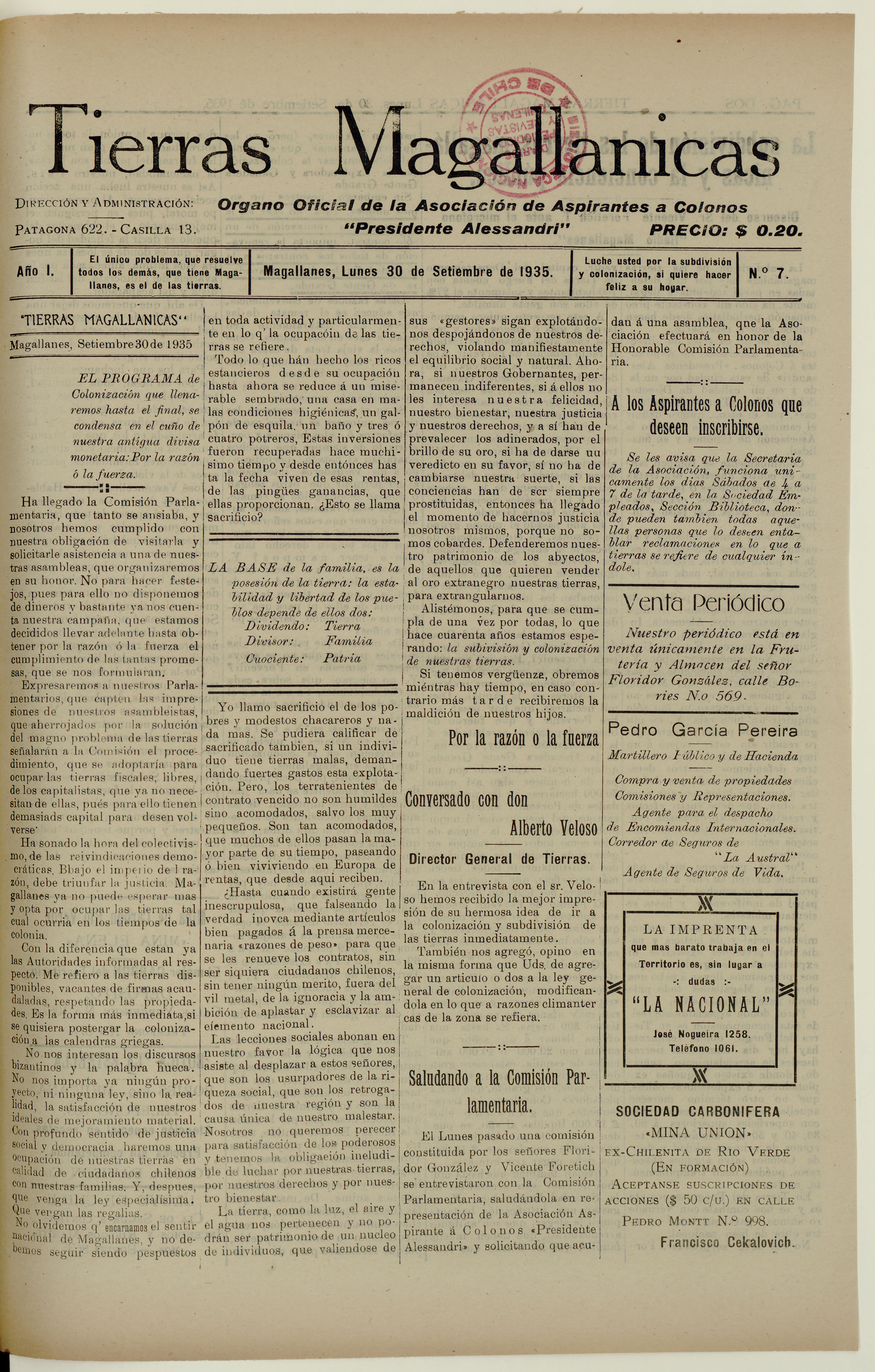 Tierras Magallánicas, número 7, 30 de septiembre de 1935