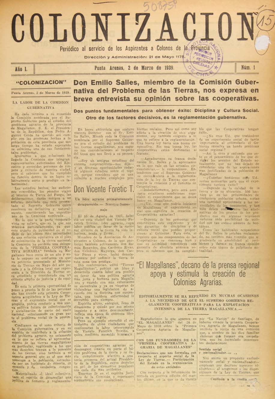 Colonización, número 1, 2 de marzo de 1939