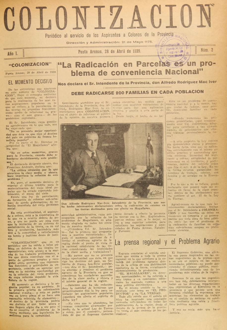 Colonización, número 2, 28 de abril de 1939