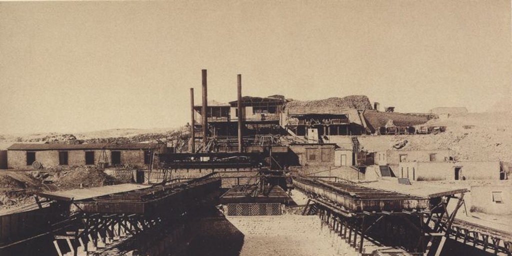 Pie de página: Maquinaria y bateas de la Oficina Salitrera Argentina. 1889. Fotografía de L. Boudat.
