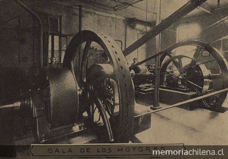 Pie de página: Sala de motores. Fabrica de Tejido Punto de Lana y Algodón de los señores E. Perreau y Cía. 1920