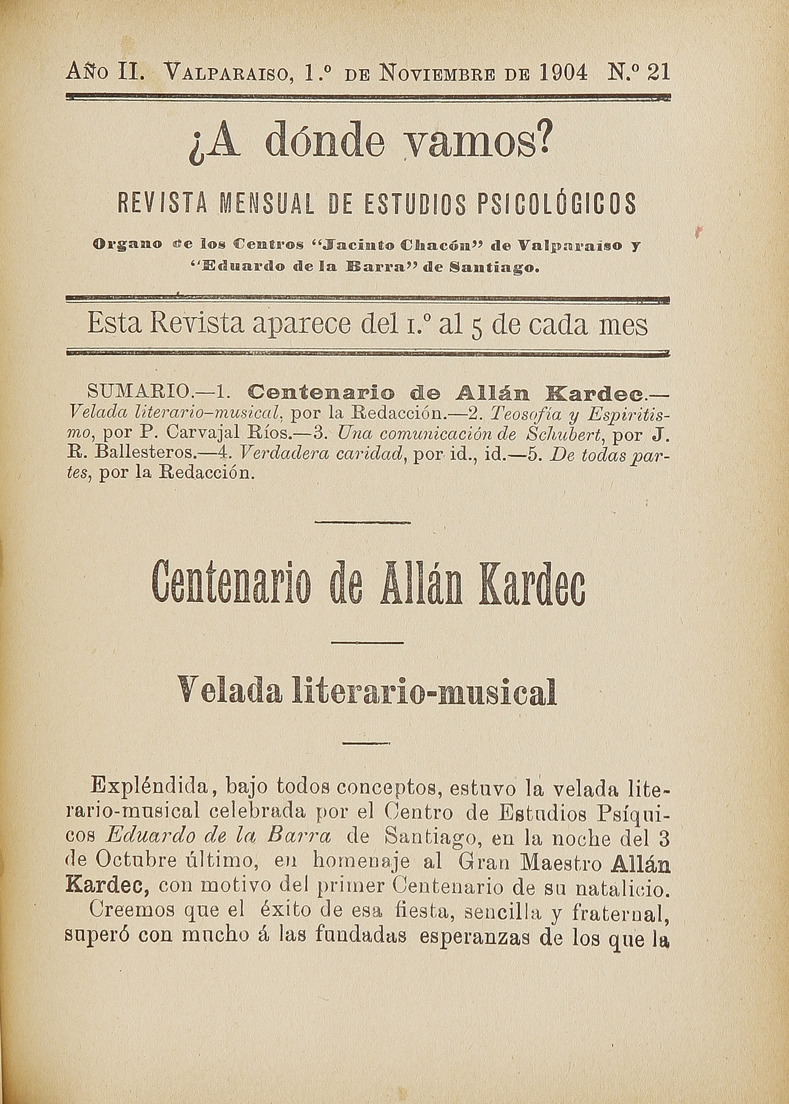 Centenario de Allan Kardec. Velada literario-musical