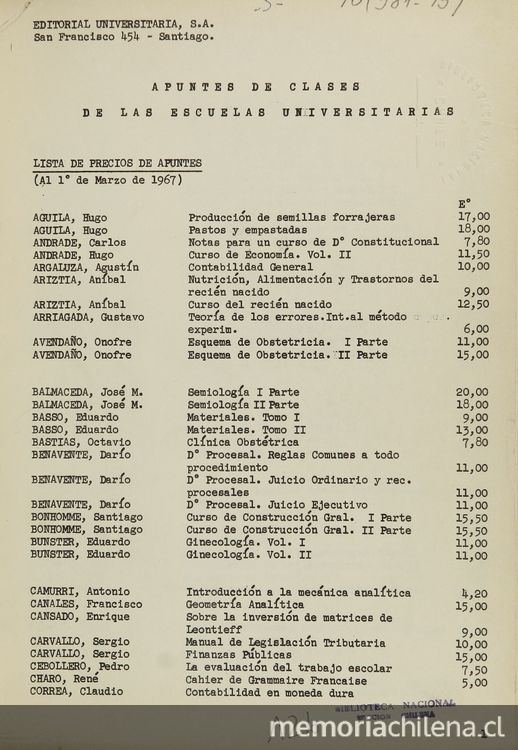 Apuntes de clases de las escuelas universitarias: lista de precios de apuntes (al 1 de marzo de 1967)