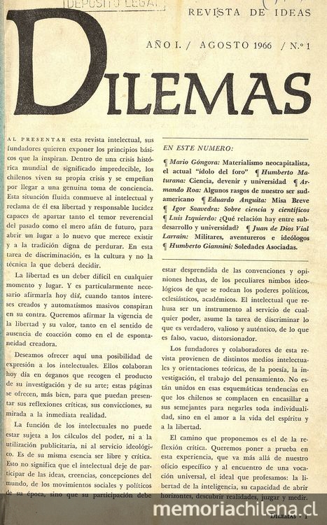 Revista Dilemas. Año I, número 1, agosto de 1966