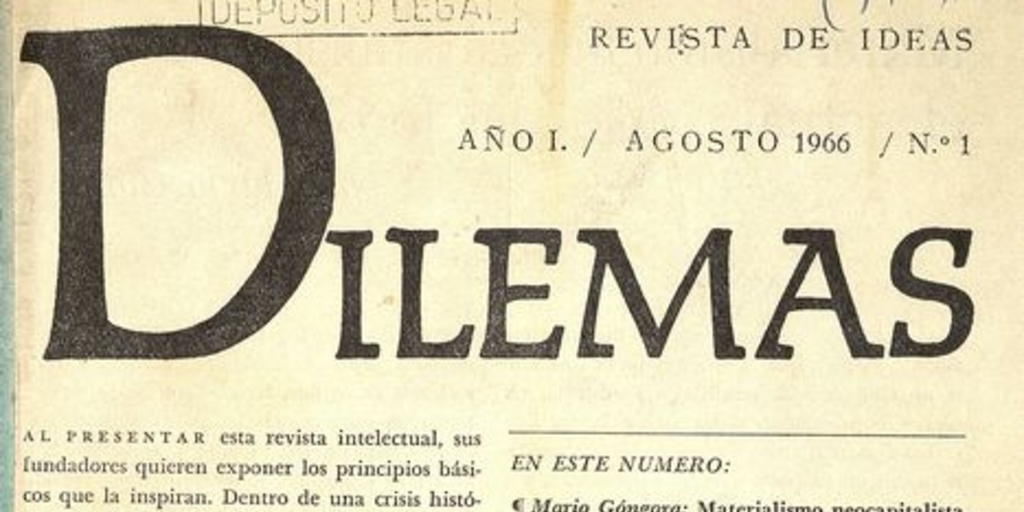 Revista Dilemas. Año I, número 1, agosto de 1966