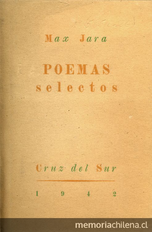 Portada de Poemas selectos de Max Jara, publicado por editorial Cruz del Sur en 1942