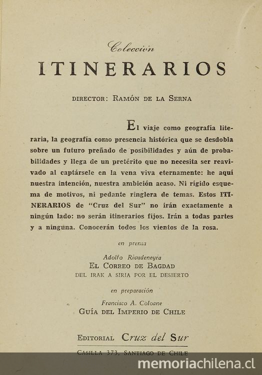 Presentación de Colección Itinerarios, de la editorial Cruz del Sur en 1943.