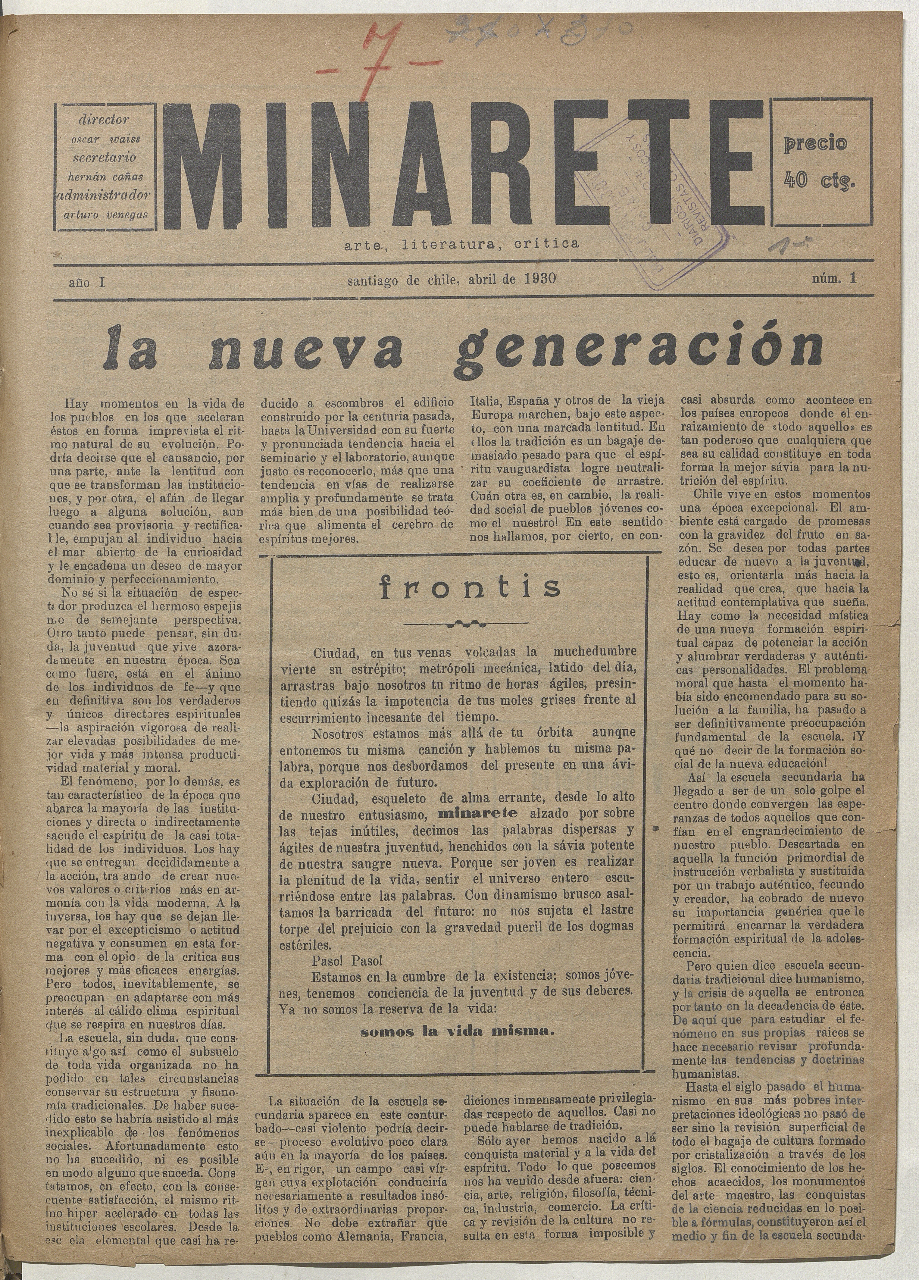 Minarete. Año 1, número 1, abril de 1930